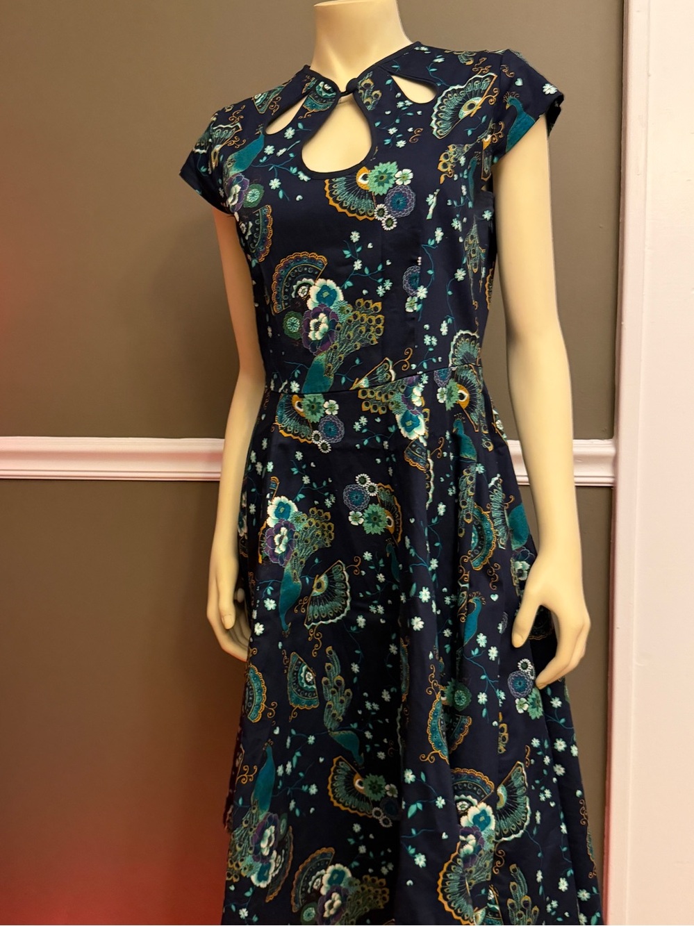 Navy peacock swing dress
